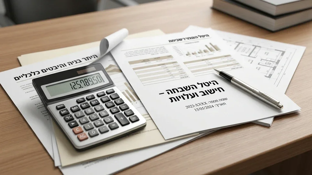 בסמוך לחלק המדבר על היבטים כלכליים והיטל השבחה מחשבון, מסמכים ומשקפיים המייצגים חישוב עלויות