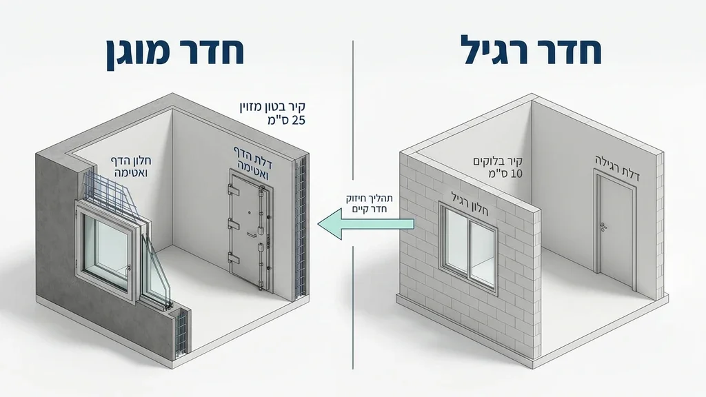 תרשים אדריכלי הממחיש הפיכת חדר רגיל למרחב מוגן דירתי באמצעות עיבוי קירות בטון