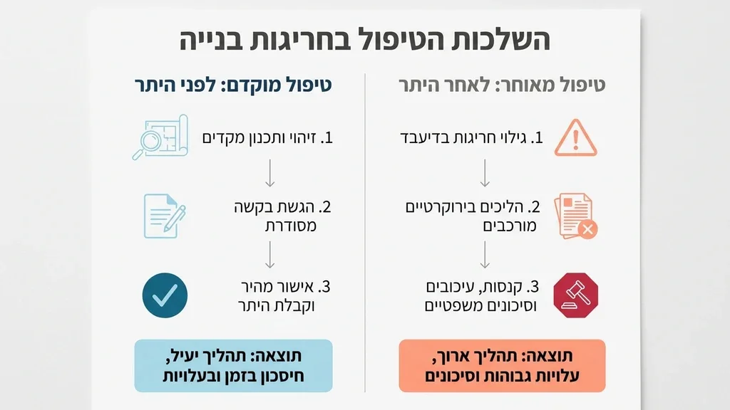 תיק בניין ומסמכי רישוי מסודרים להסדרת חריגות בנייה על שולחן עבודה